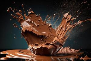 ein köstlich schmelzen Schokolade Spritzen im ein realistisch Stil. heiß Schokolade, Kakao oder Kaffee Spritzen. lecker Schokolade Flüssigkeit Spritzen. Schokolade Soße Krone Spritzen. zum Schokolade Tag Dessert durch ai generiert foto