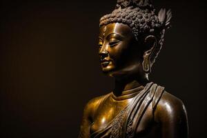 ein thailändisch Buddha Statue sitzt und meditieren beim Buddhist Tempel. uralt Thailand Buddha Gesicht. Hintergrund zum vesak Festival Feier. vesak Tag Konzept. vesak Feier Tag Schöne Grüße durch ai generiert foto