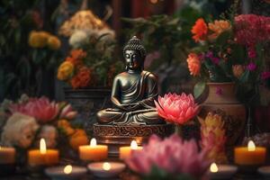 ein Buddha sitzt im ein Garten mit ein Lotus und Kerzen. Hintergrund zum vesak Festival Feier. vesak Tag Konzept. vesak Feier Tag Schöne Grüße durch ai generiert foto