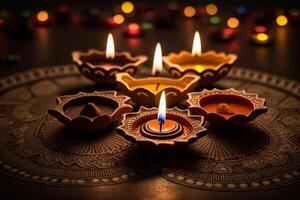 glücklich Diwali oder Deepavali traditionell indisch Festival mit Lehm Diya Öl Lampe. indisch Hindu Festival von Licht Symbol mit Kerze und Licht. Lehm Diya Lampe zündete während Diwali Feier durch ai generiert foto