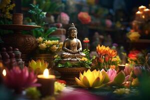 ein Buddha sitzt im ein Garten mit ein Lotus und Kerzen. Hintergrund zum vesak Festival Feier. vesak Tag Konzept. vesak Feier Tag Schöne Grüße durch ai generiert foto