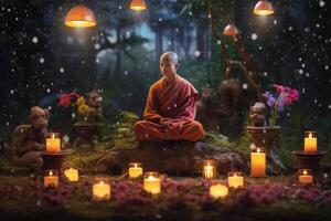 ein jung Buddha sitzt im ein Garten mit ein Lotus und Kerzen. Hintergrund zum vesak Festival Feier. vesak Tag Konzept. vesak Feier Tag Schöne Grüße durch ai generiert foto