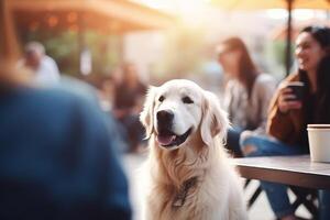 geduldig Hündchen ein Hund warten zum seine Inhaber im das Stadt Cafés öffnen Luft Sektion ai generiert foto