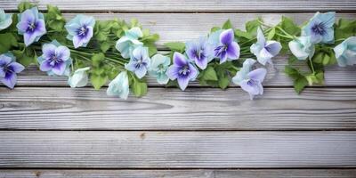 Blau Blüten auf Licht hölzern Hintergrund ai generiert foto