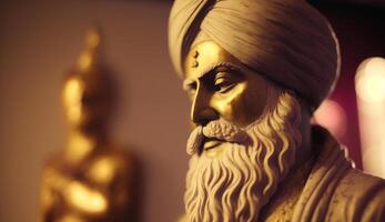 Auszeichnung das Erbe von Guru Nanak ein ehrfürchtig Porträt Skulptur auf Jayanti ai generiert foto