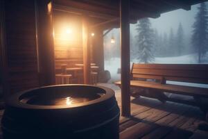 früh Morgen Sauna im schneebedeckt Berg Herberge mit sonnendurchflutet Fenster und Sonnenaufgang ai generiert foto