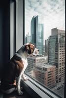 Sehnsucht Ansichten ein Hund Blick aus von ein Hochhaus Fenster auf zu ein geschäftig Stadtbild ai generiert foto
