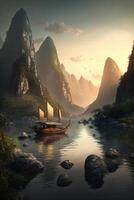 Fluss Serenade majestätisch Chinesisch Landschaft mit Sonnenuntergang glühen, Boote, und Berge ai generiert foto