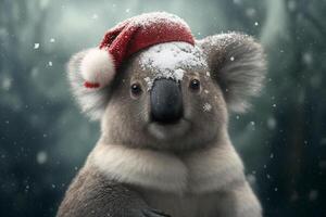 Koala tragen Santa's Santa Hut auf Weihnachten Vorabend ai generiert Inhalt foto