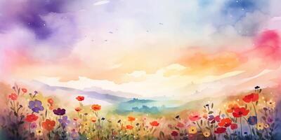 Sommer- blüht ein Pastell- Aquarell Gemälde von ein blumig Wiese ai generiert foto