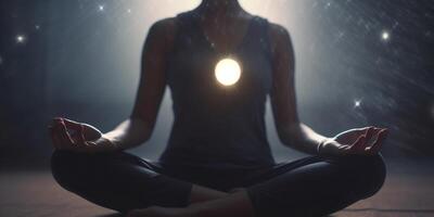 finden Frieden innerhalb Frau meditieren im mit gekreuzten Beinen Yoga Pose ai generiert foto