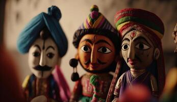 bunt hölzern Puppen von traditionell indisch Marionette Theater ai generiert foto