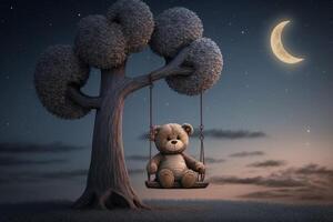 Märchen Illustration von ein alt Baum mit ein hölzern schwingen einstellen mit Mond im das Abend. einsam Teddy. Einsamkeit ai generiert foto