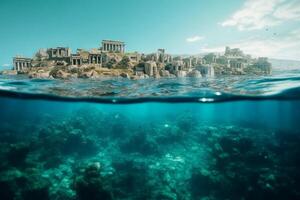 das mystisch versunken Stadt ein halb untergetaucht Aussicht von atlantis im Kristall Blau Wasser ai generiert foto