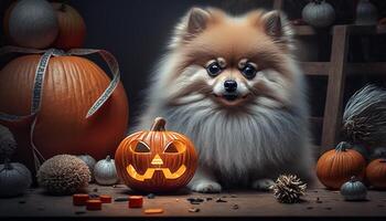 bezaubernd pommerschen Hund posieren mit ein Halloween Kürbis ai generiert foto