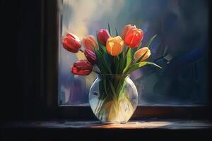 Vase von Tulpen ein Aquarell immer noch Leben Gemälde ai generiert foto
