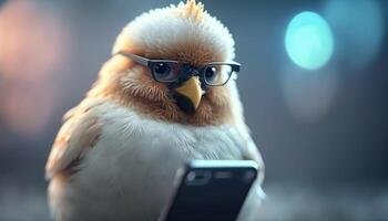 technisch versiert Hähnchen Überprüfung Mitteilungen auf Smartphone mit Brille ai generiert foto