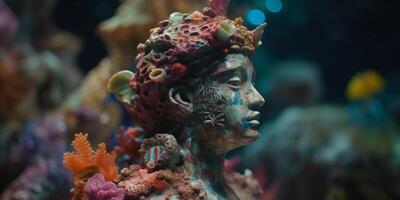 korallenverkrustet uralt Skulptur Kopf im unter Wasser Rahmen ai generiert foto