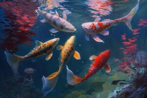 bunt Chinesisch Koi Fisch Schwimmen unter Wasser im ein friedlich Teich ai generiert foto