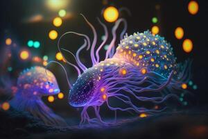 strahlend Tiefsee Krabbe ein atemberaubend Anzeige von Biolumineszenz ai generiert foto
