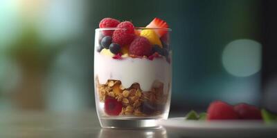 geschichtet Beere Joghurt Parfait mit Granola ai generiert foto