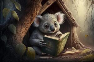 Koala sitzt im ein Baum Haus und liest ein Buch ai generiert Inhalt foto