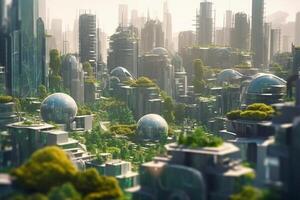 Grün Metropole von das Zukunft Hightech Stadt mit üppig Vegetation und klar Himmel ai generiert foto