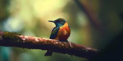 bunt Vogel thront auf ein Ast im das Regenwald ai generiert foto