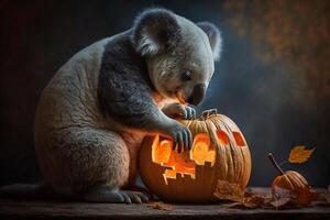 Koala feiert Halloween mit ein Kürbis ai generiert Inhalt foto