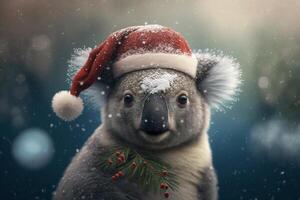 Koala tragen Santa's Santa Hut auf Weihnachten Vorabend ai generiert Inhalt foto