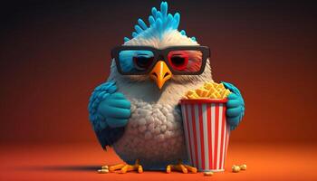 aufgeregt Hähnchen mit 3d Brille und Popcorn bereit zum ein Film Nacht ai generiert foto