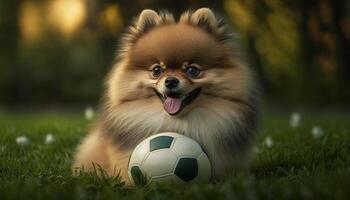 bezaubernd pommerschen Hund haben Spaß spielen Fußball auf ein Grün Feld ai generiert foto