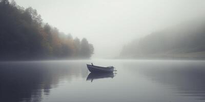 heiter Einsamkeit ein einsam Ruderboot auf ein neblig Morgen See ai generiert foto