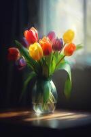 Vase von Tulpen ein Aquarell immer noch Leben Gemälde ai generiert foto