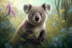 Koala sitzt auf ein Grün Wiese im Frühling unter Blumen ai generiert Inhalt foto