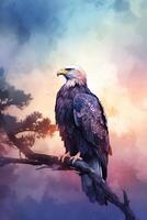 majestätisch Adler thront auf Ast während Pastell- Sonnenaufgang ai generiert foto