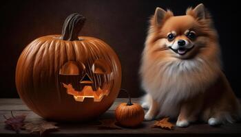 bezaubernd pommerschen Hund posieren mit ein Halloween Kürbis ai generiert foto