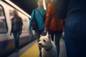 geduldig Hündchen warten Abfahrt im U-Bahn Bahnhof ai generiert foto