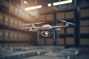 KI-gesteuert Drohne Verwaltung im Lagerhäuser und Logistik Zentren ai generiert foto