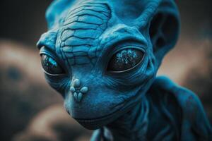 Porträt von ein Blau Außerirdischer mit glatt Haut und groß bezaubernd Augen ai generiert foto
