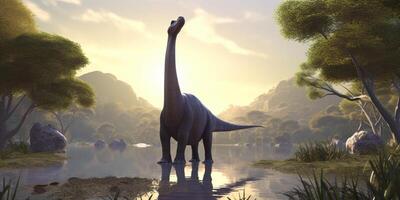 majestätisch Riesen von das prähistorisch Welt ein realistisch Illustration präsentieren das Brachiosaurus im ein zauberhaft prähistorisch Landschaft ai generiert foto