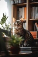 anspruchsvoll katzenartig ein Katze im ein modern Wohnung umgeben durch Bücher ai generiert foto