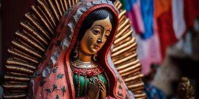 Hingabe zu das Jungfrau von Guadalupe heilig hölzern Zahl zum das Mexikaner Urlaub ai generiert foto