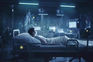 fortgeschritten medizinisch Bett mit Hightech Überwachung Geräte zum geduldig Pflege ai generiert foto