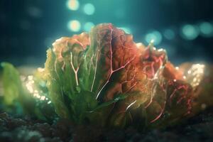 kultivieren frisch Grüns wachsend Grüner Salat unter künstlich uv Licht ai generiert foto