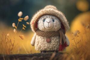 flauschige Abenteurer süß wenig Schaf im ihr Wolle Mäntel erkunden das golden Wiese ai generiert foto
