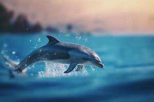 anmutig Sprung ein Delfin Springen aus von das Wasser im ein Spritzen von Blau ai generiert foto