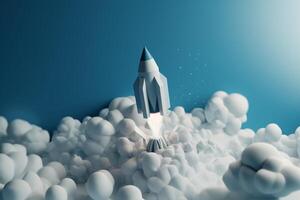 Weiß Rakete Modell- fliegend durch wolkig Blau Himmel wie ein Symbol von Anfang Erfolg und Innovation ai generiert foto