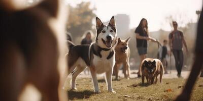 ein Pack von spielerisch Hunde im ein städtisch Hund Park ai generiert foto