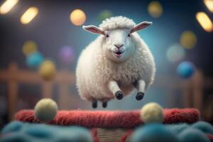 Springen zum Freude süß wenig Schaf hüpfen auf ein Trampolin ai generiert foto